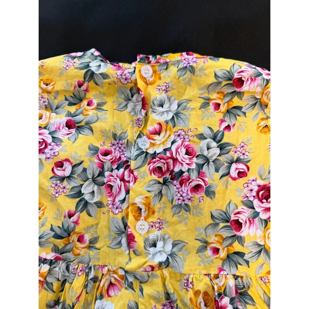 Yellow Floral Long Sleeve Rose Print Dress Kids Button Back Gathered Waist